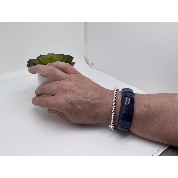 Blue Lapis Stretchy Bangle Bracelet w/ NEW 925 SS 6mm Ball Bead Bracelet - Picture 2 of 4